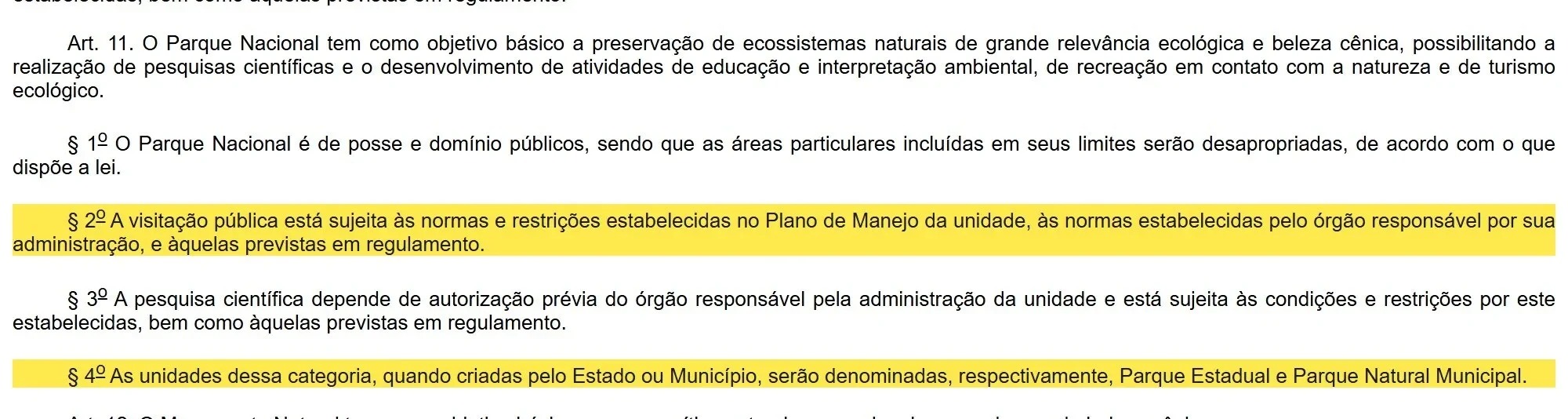 Artigo 11 da Lei 9.985 de 2000 com os parágrafos sobre visitação e Parque Natural Municipal marcados