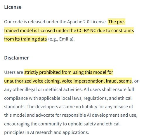 Seção License do card do modelo OmniVoice no Hugging Face: código Apache 2.0 e modelo treinado sob CC-BY-NC, com aviso contra clonagem de voz não autorizada