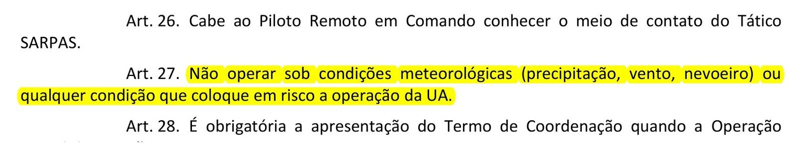 Artigo 27 da ICA 100-40 sobre não operar sob precipitação, vento ou nevoeiro, marcado