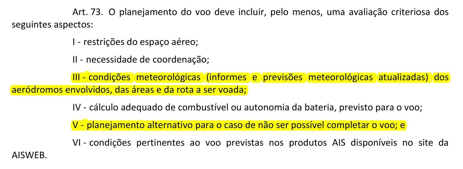 Artigo 73 da ICA 100-40 sobre o planejamento do voo, com condições meteorológicas e planejamento alternativo marcados