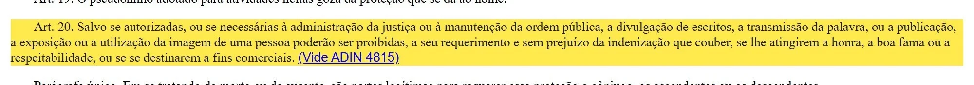 Artigo 20 do Código Civil sobre o uso da imagem com fins comerciais marcado