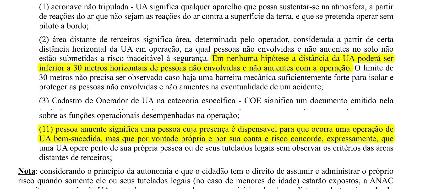 Itens 100.3(a)(2) e (11) do RBAC 100 sobre os 30 metros e a pessoa anuente marcados