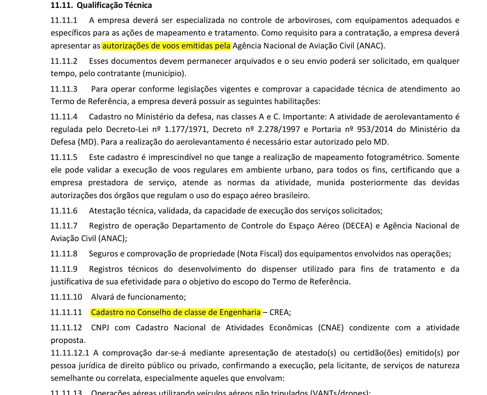 Trecho do edital de Contagem pedindo autorizações de voo da ANAC e cadastro no CREA