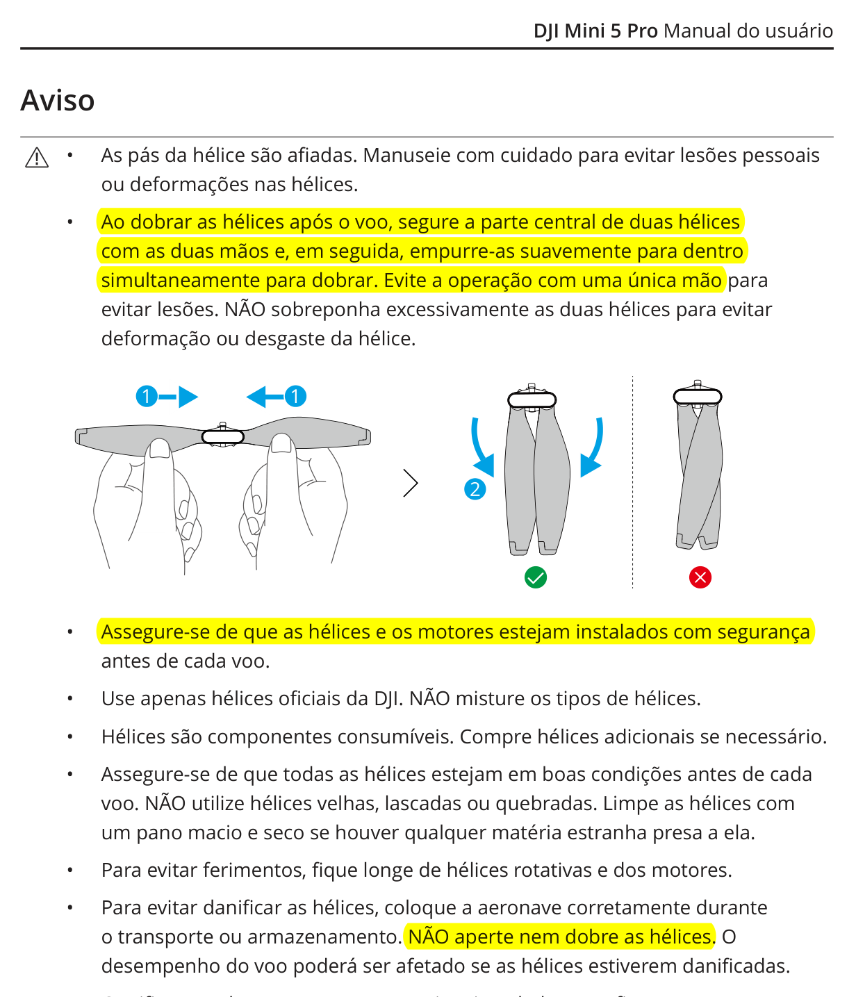 Página 59 do manual do DJI Mini 5 Pro com o aviso sobre dobrar as hélices com as duas mãos destacado
