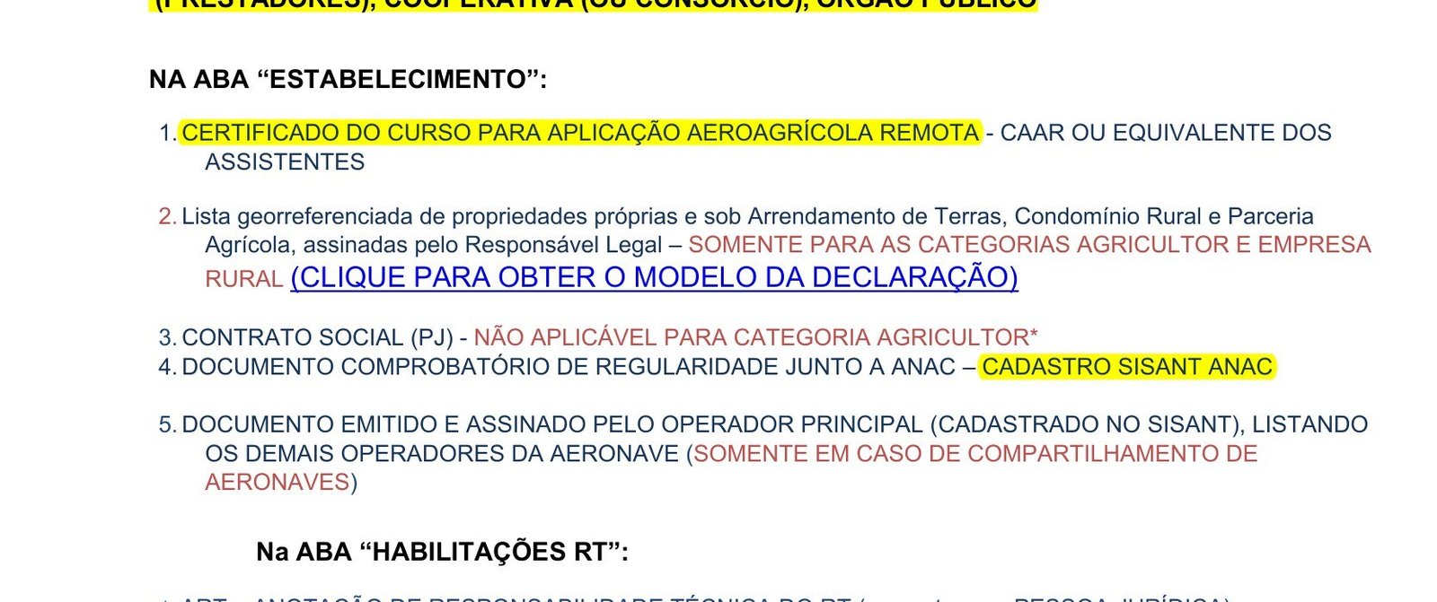 Lista de documentos do MAPA para registro de drone no SIPEAGRO com o CAAR e o cadastro SISANT marcados