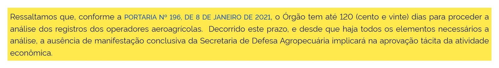 Página do MAPA informando o prazo de 120 dias para análise do registro de operador aeroagrícola