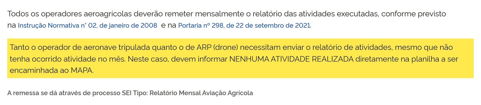 Página do MAPA dizendo que o relatório mensal é obrigatório mesmo sem atividade no mês