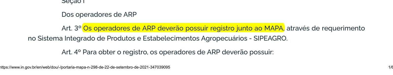 Artigo 3º da Portaria 298 do MAPA exigindo registro do operador de drone no SIPEAGRO