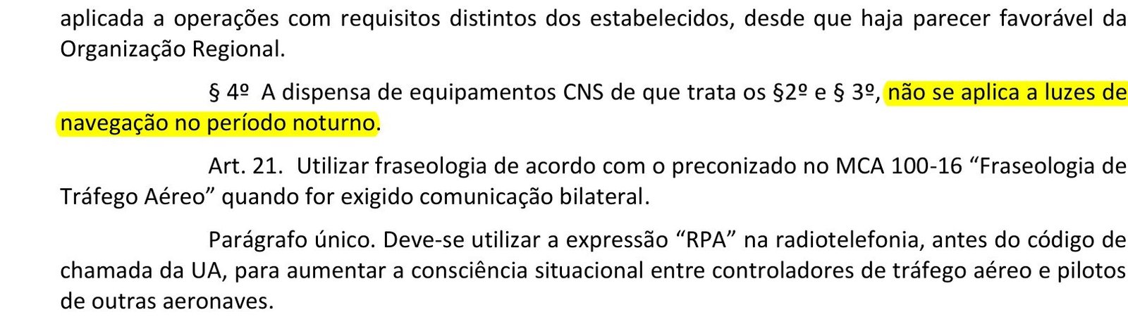 Artigo 20 da ICA 100-40 com o parágrafo sobre luzes de navegação no período noturno marcado