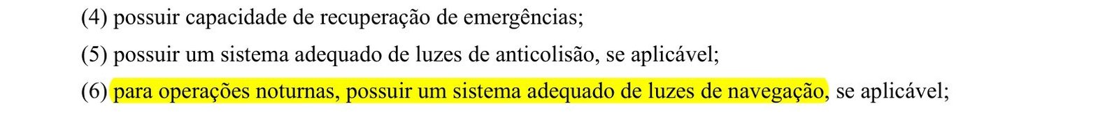 Item 100.107 do RBAC 100 com o requisito de luzes de navegação para operações noturnas marcado