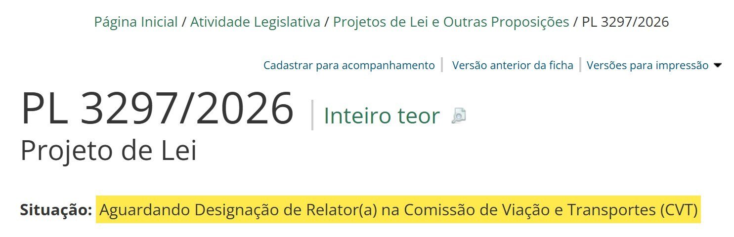 Página da Câmara dos Deputados com a situação do PL 3297 aguardando relator