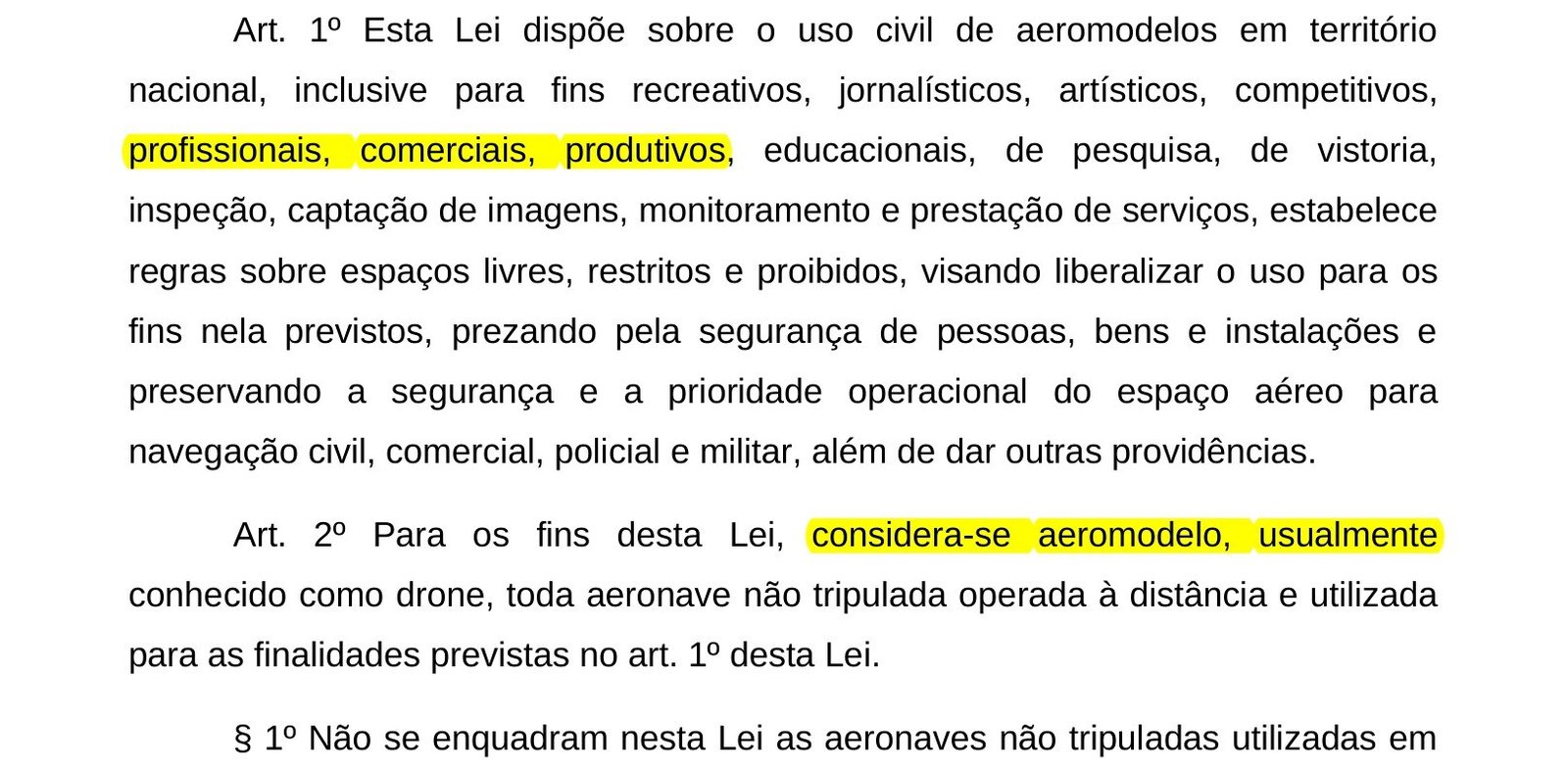 Artigos 1º e 2º do PL 3297 com as finalidades profissionais e comerciais e a definição de aeromodelo marcadas