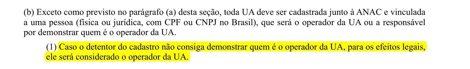 Item 100.301(b)(1) do RBAC 100 sobre o detentor do cadastro considerado operador marcado