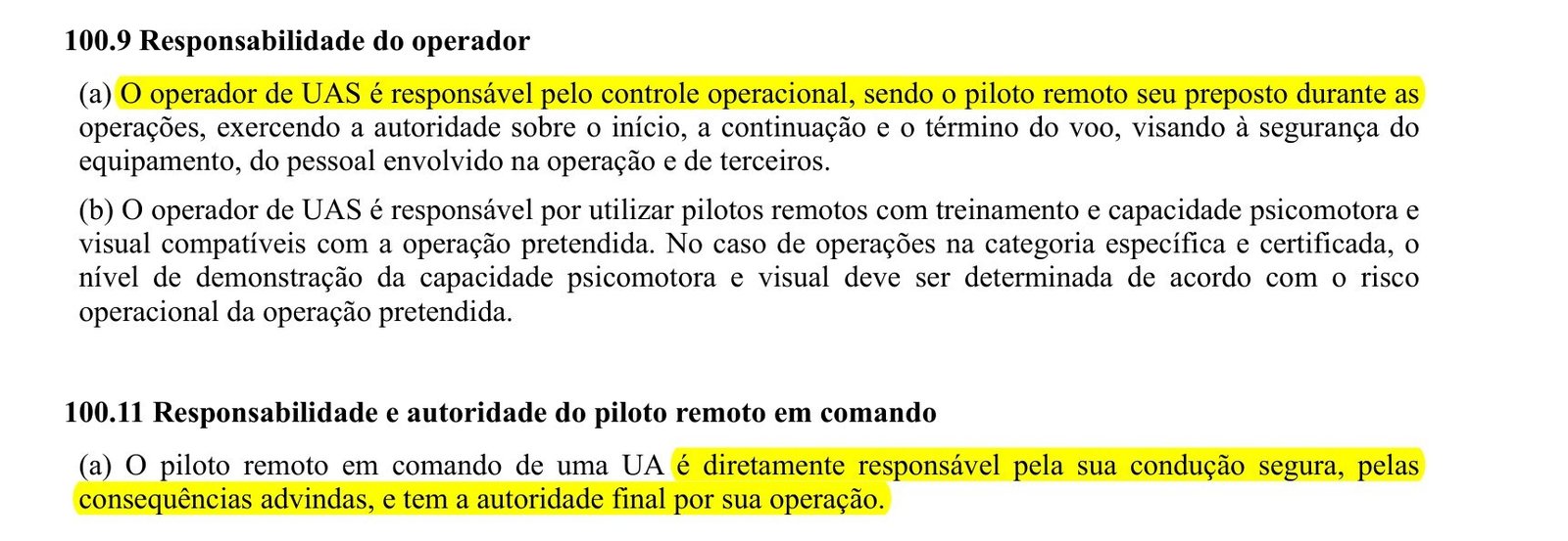 Itens 100.9 e 100.11 do RBAC 100 sobre a responsabilidade do operador e do piloto marcados