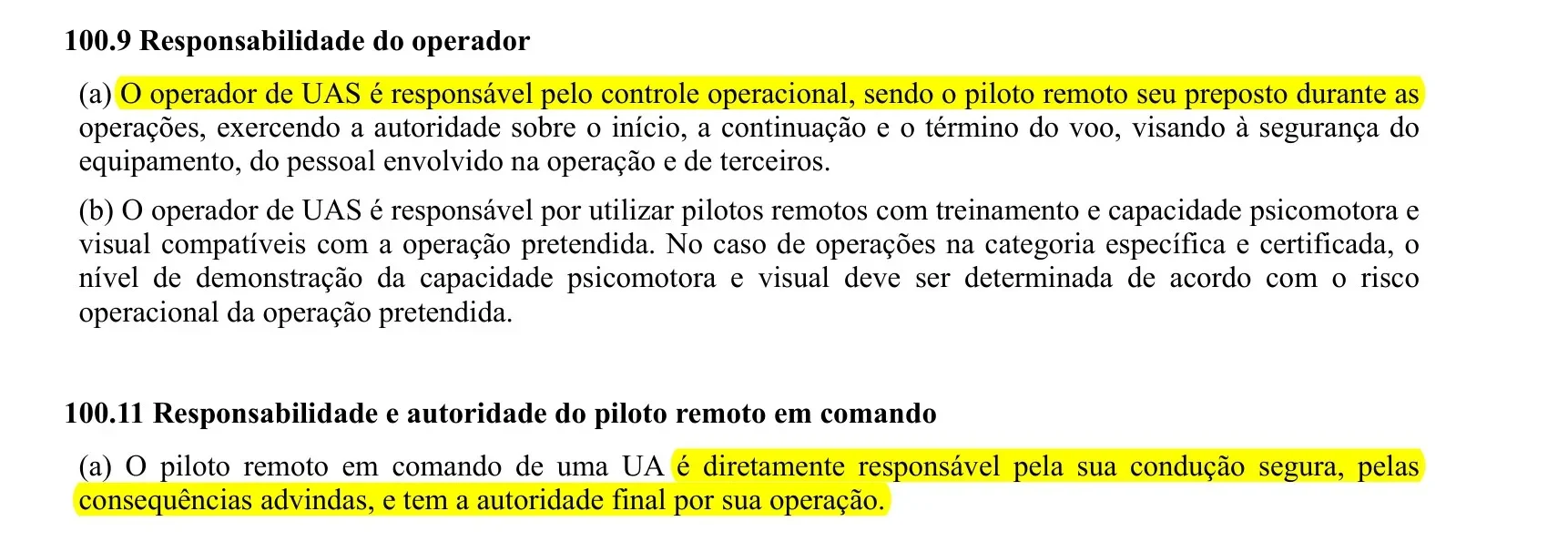 Itens 100.9 e 100.11 do RBAC 100 sobre a responsabilidade do operador e do piloto marcados