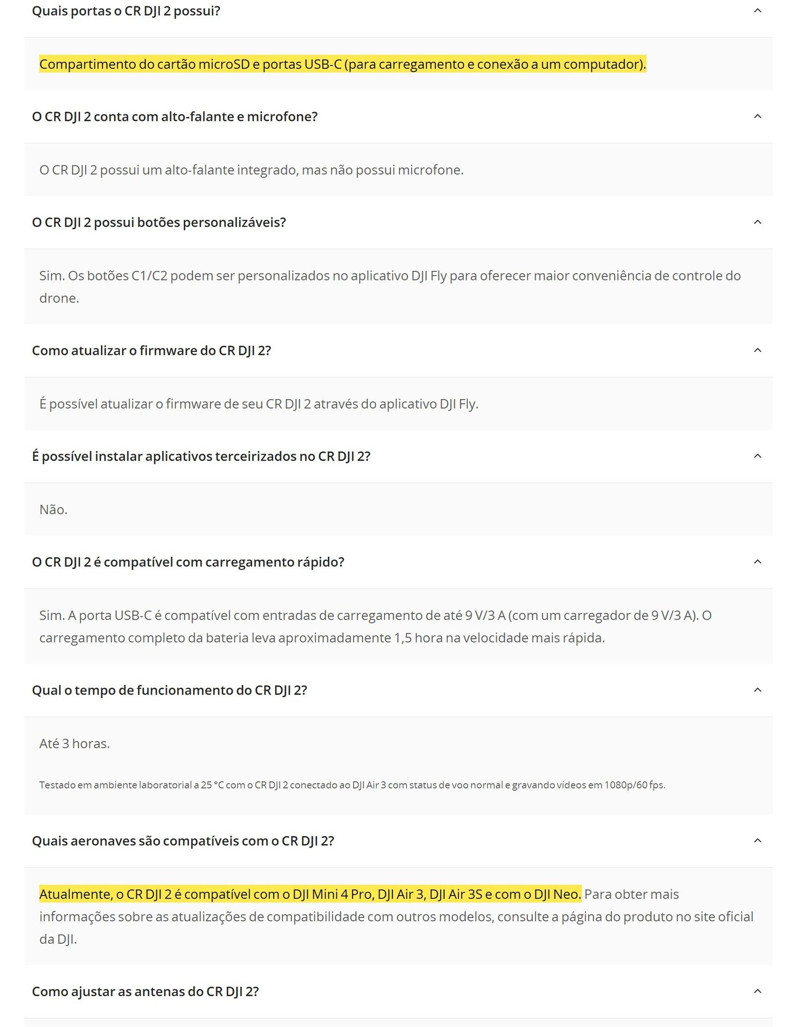 FAQ do DJI RC 2 com as respostas sobre portas e drones compatíveis marcadas