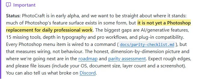 Aviso de status do README do PhotoCraft: ainda não é uma substituição do Photoshop para o trabalho profissional diário