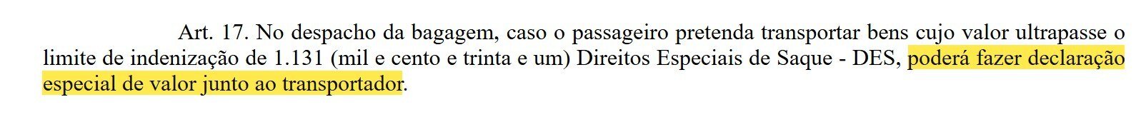Artigo 17 da Resolução ANAC 400 sobre a declaração especial de valor marcado