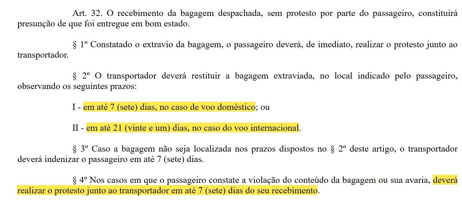 Artigo 32 da Resolução ANAC 400 com os prazos de 7 e 21 dias e o protesto em 7 dias marcados