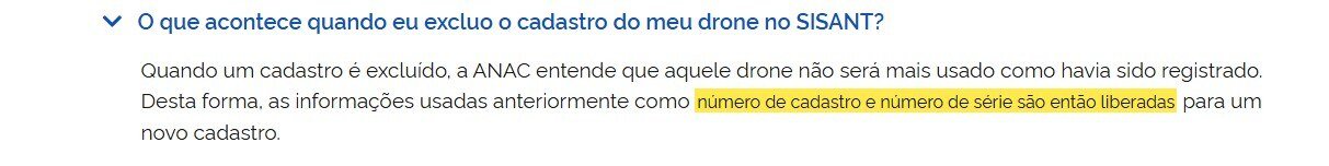 Trecho da ANAC sobre o que acontece ao excluir o cadastro do drone