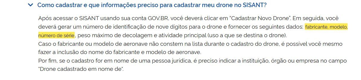 Página da ANAC listando fabricante, modelo e número de série entre os dados do cadastro