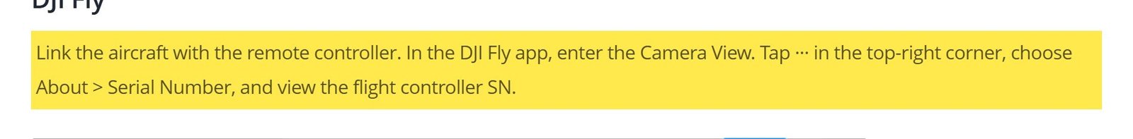 Página de suporte da DJI com o caminho do número de série no app DJI Fly