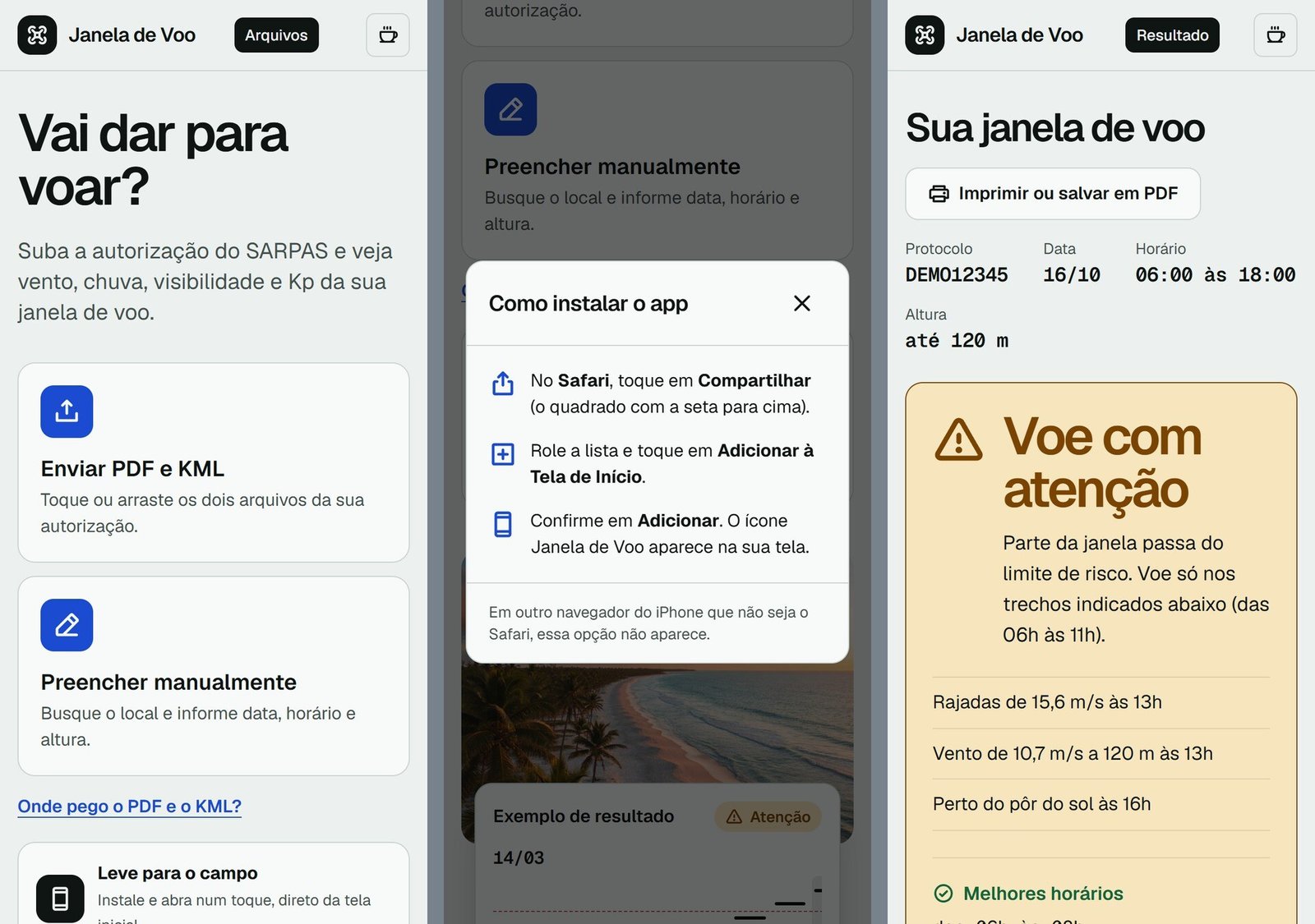 Três telas da Janela de Voo no celular: tela inicial, passo a passo de instalação no iPhone e resultado