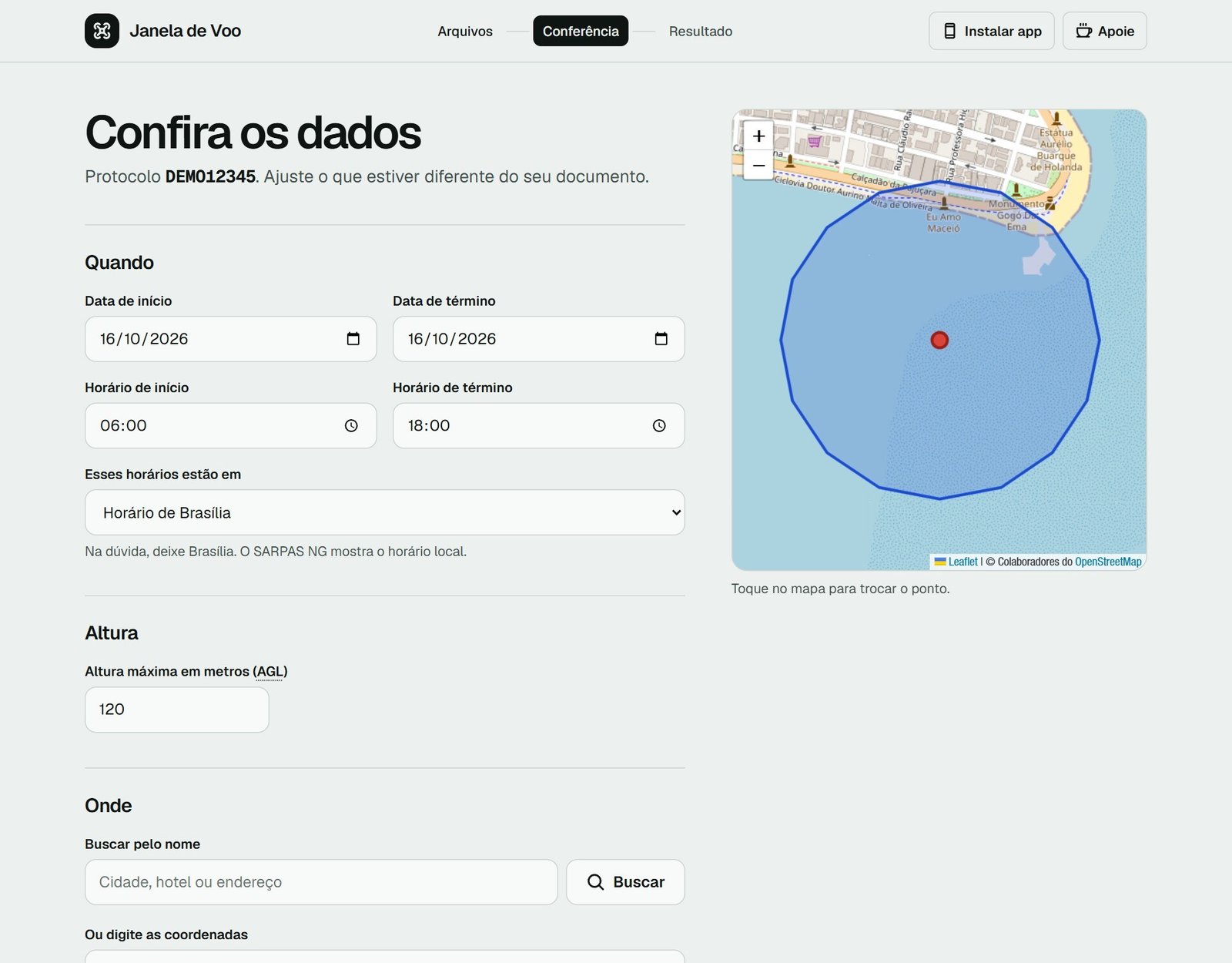 Tela Confira os dados da Janela de Voo com protocolo de teste, datas, horários, altura e a área do KML no mapa