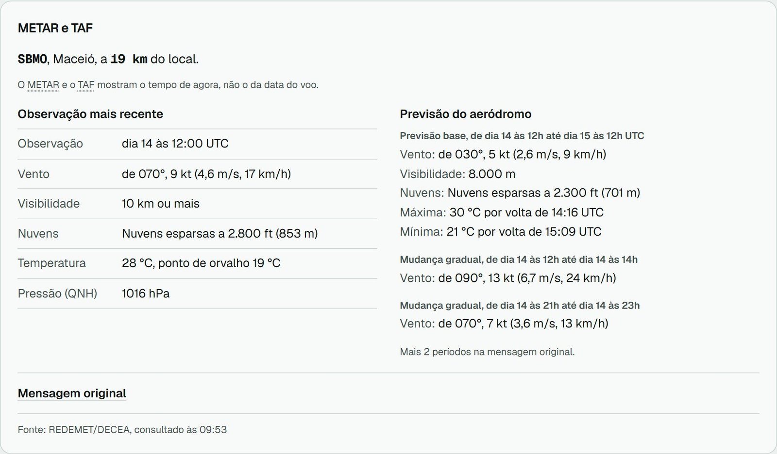 Cartão METAR e TAF da Janela de Voo com a observação e a previsão decodificadas do aeródromo SBMO