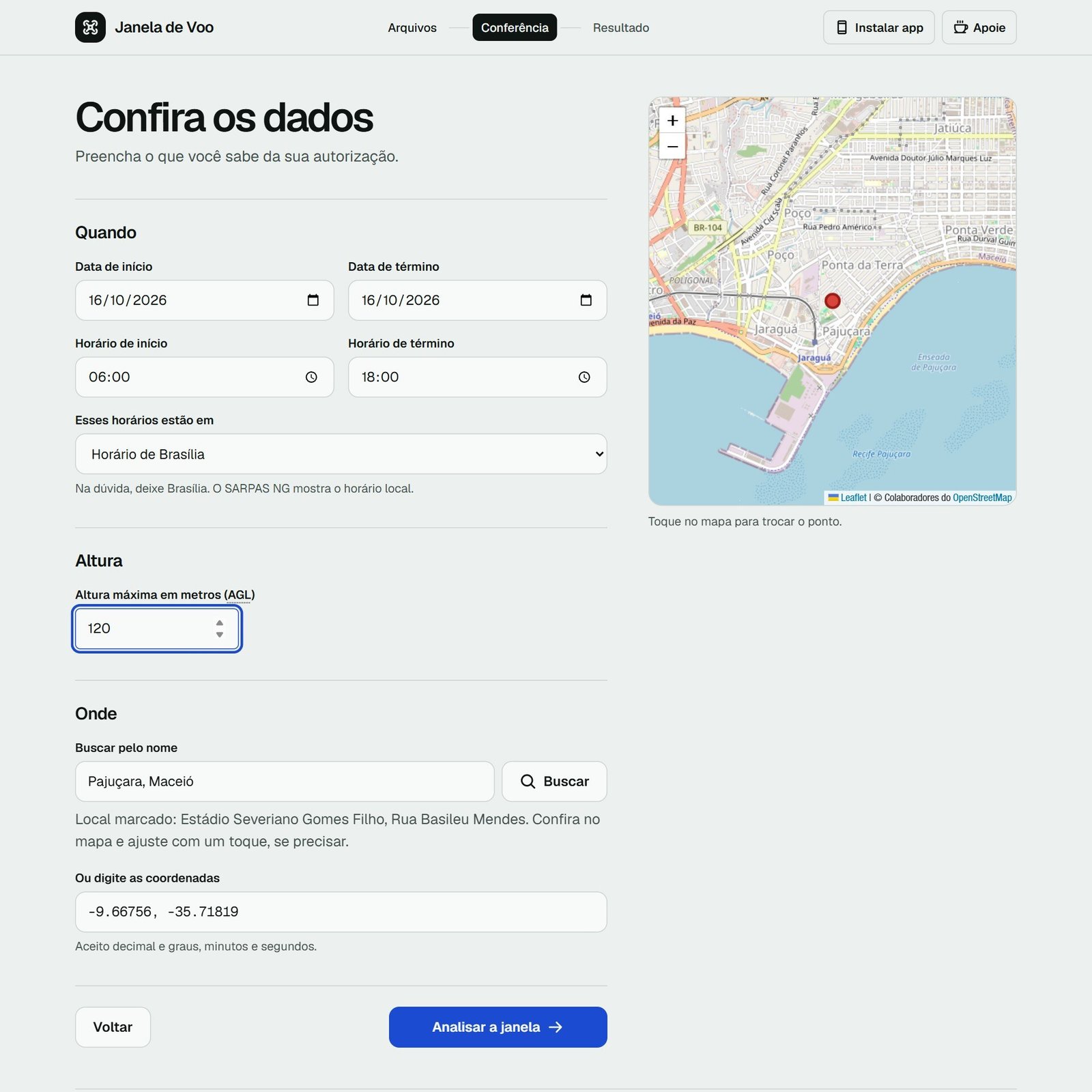 Tela de preenchimento manual da Janela de Voo com busca de lugar, coordenadas, datas, horários e altura