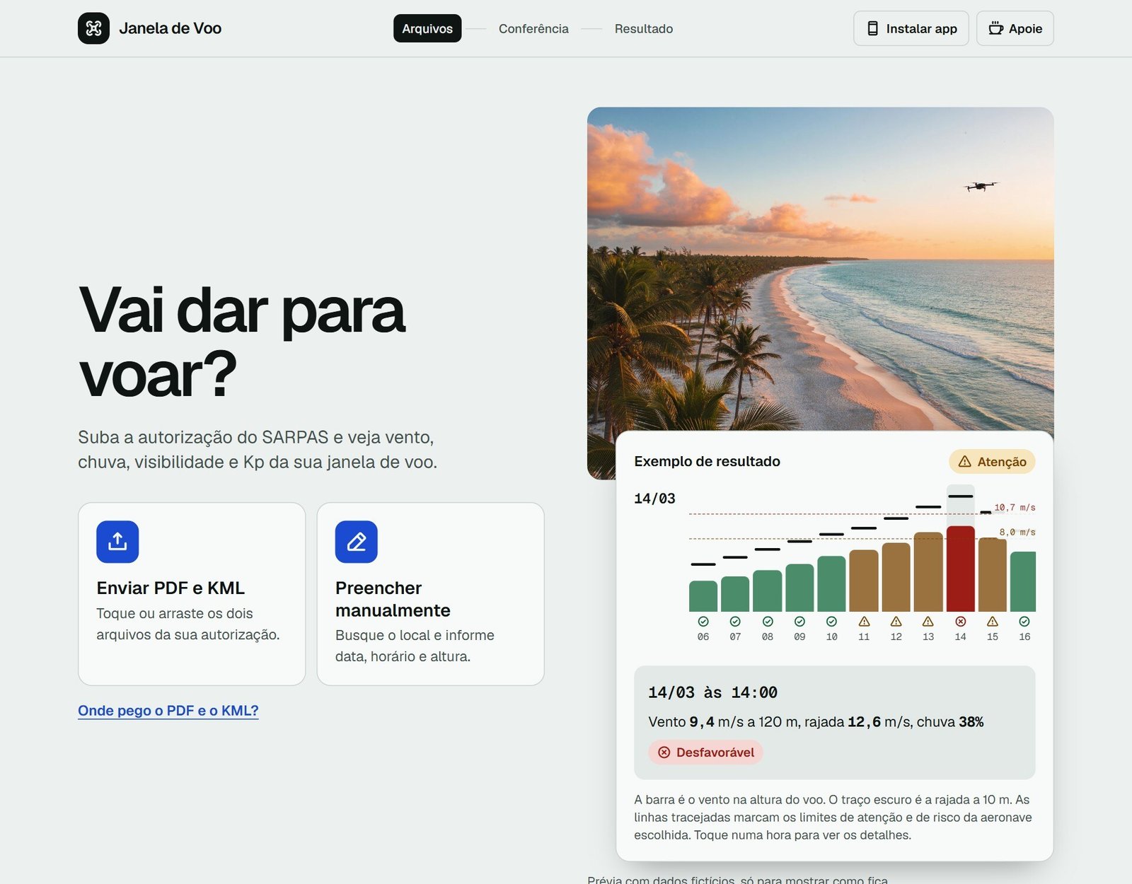 Tela inicial da Janela de Voo com os botões Enviar PDF e KML e Preencher manualmente e um exemplo de resultado