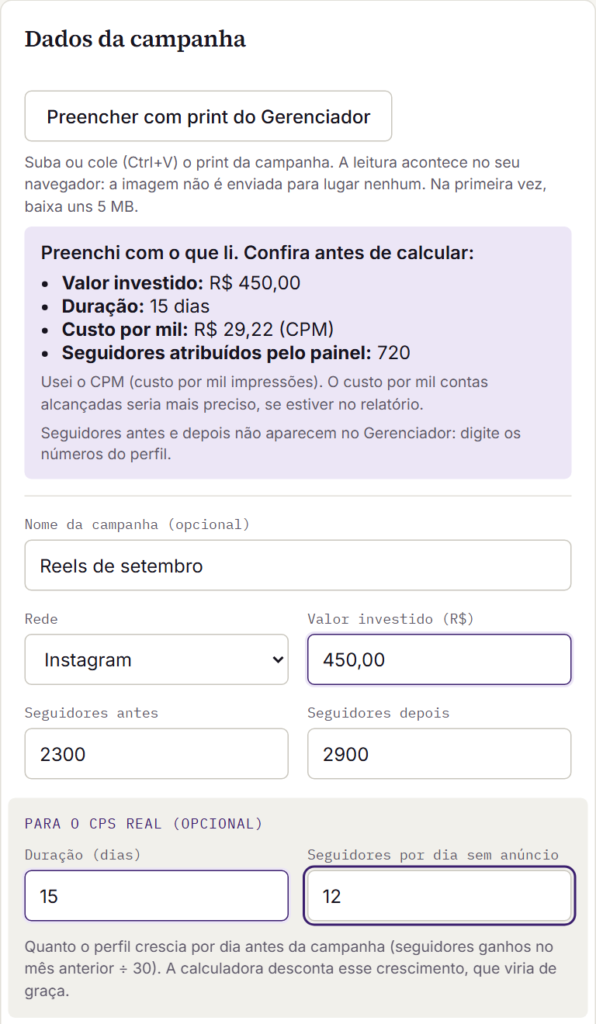 Formulário da Calculadora de CPS preenchido a partir do print do Gerenciador de Anúncios